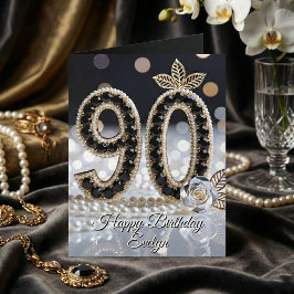 Elegant Black Jewels Pearls And Gold 90th Birthday Karte