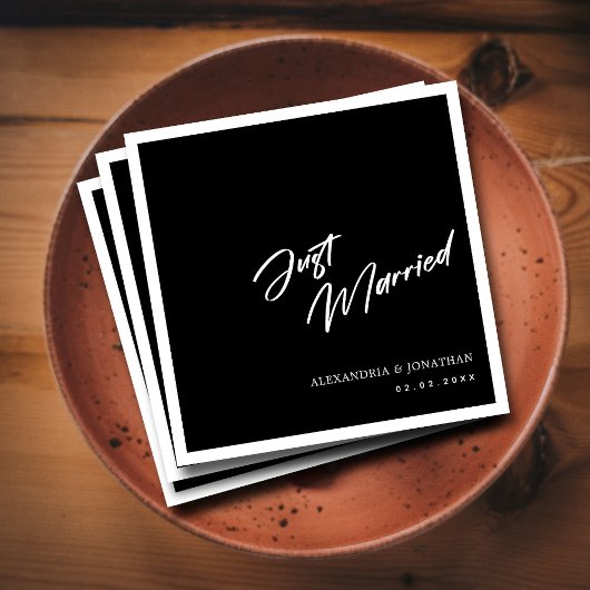 Elegant Black Just Married Custom Wedding Napkins Serviette