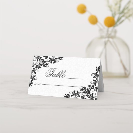 Elegant Black Lace White Damasks Platzkarte (Vorderseite)