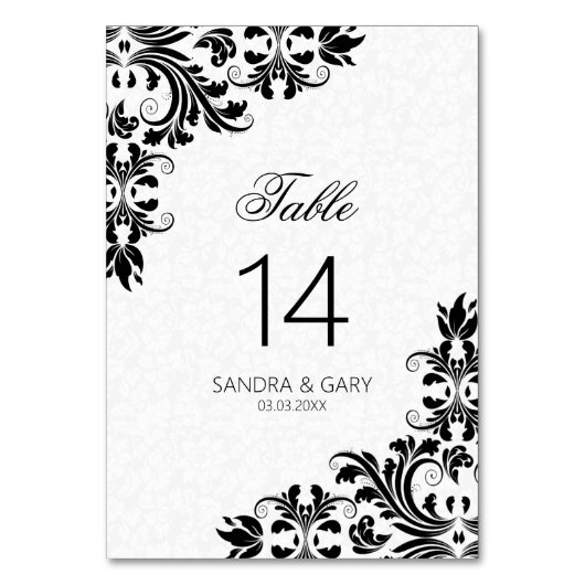 Elegant Black Lace White Damasks Tischnummer (Vorderseite)