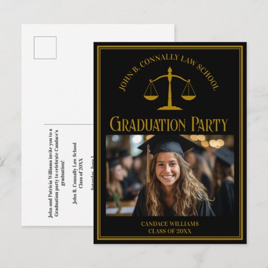 Elegant Black Law School Photo Graduation Party Einladungspostkarte (Vorne/Hinten)