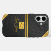 Elegant black leather gold monogram custom name Case-Mate iPhone hülle (Rückseite (Horizontal))