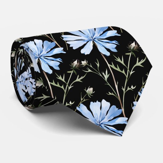 Elegant Black Light Blue Wildblumen Neck Tie Krawatte (Gerollt)