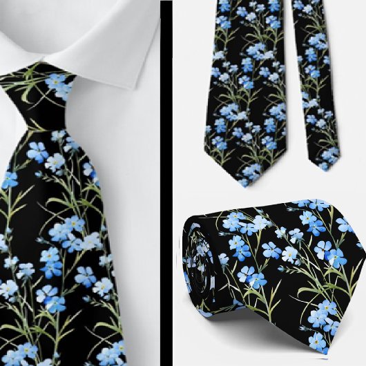 Elegant Black Light Blue Wildblumen Neck Tie Krawatte