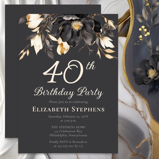 Elegant Black Magnolia Floral 40th Birthday Party  Einladung
