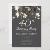 Elegant Black Magnolia Floral 40th Birthday Party  Einladung (Vorderseite)