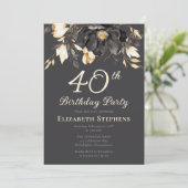 Elegant Black Magnolia Floral 40th Birthday Party  Einladung (Stehend Vorderseite)
