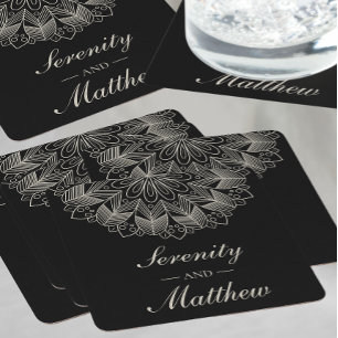 Elegant Black Mandala Boho Chic Indian Wedding Rechteckiger Pappuntersetzer