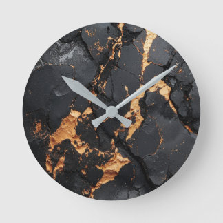 Elegant Black Marble with Gold Veins Modern Art Runde Wanduhr