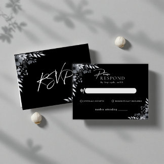 Elegant Black Minimalist Floral Wedding RSVP Mitteilungskarte