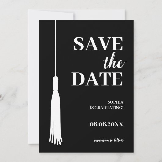 Elegant Black Minimalistisch Grad Tassel Abschluss Save The Date (Vorderseite)