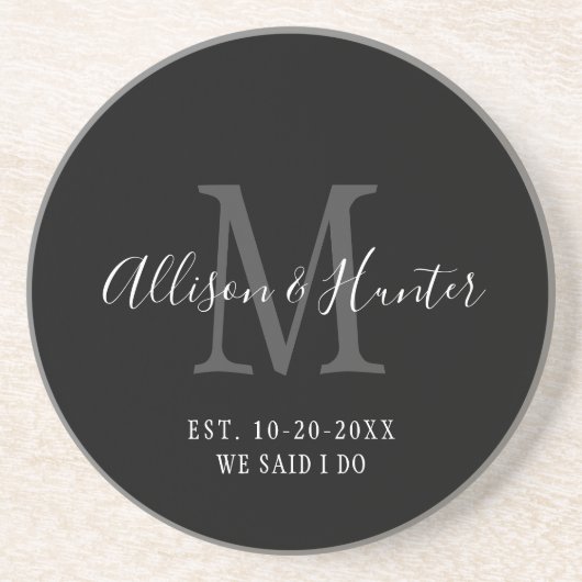 Elegant Black Monogram Establishment Newlyweds Getränkeuntersetzer (Vorne)