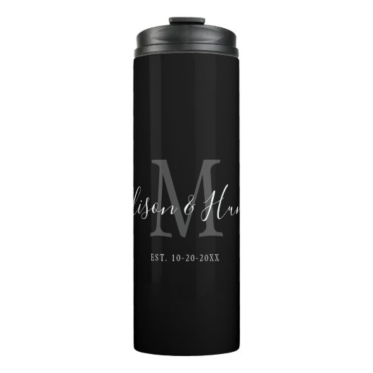 Elegant Black Monogram Newlywed Wedding Thermosbecher (Vorderseite)