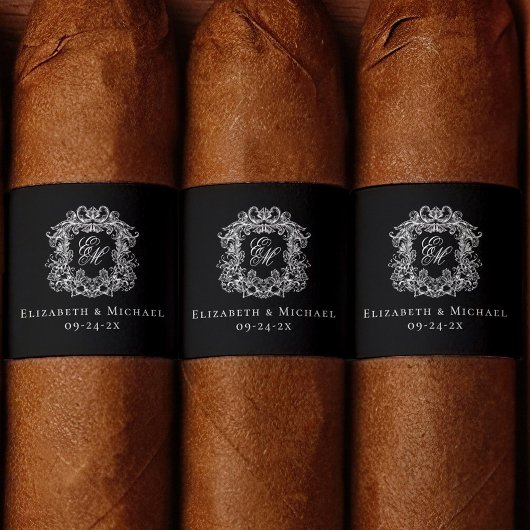 Elegant Black Monogram Wedding Crest Cigar Band 