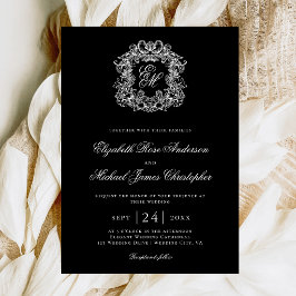 Elegant Black Monogram Wedding Crest Einladung
