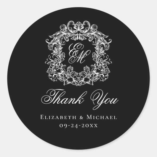 Elegant Black Monogram Wedding Crest Thank You Runder Aufkleber (Vorderseite)