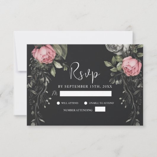 Elegant Black Moody Dark Gothic Wedding RSVP Karte (Vorderseite)