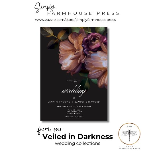 Elegant Black Moody Floral Wedding Einladung