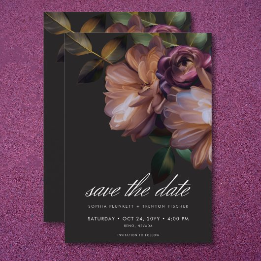 Elegant Black Moody Floral Wedding Save The Date