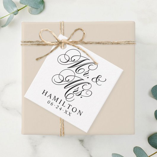 Elegant Black Mr. und Mrs. Script Custom Monogram Geschenkanhänger