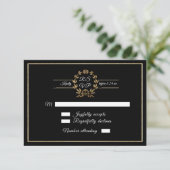 Elegant Black n Gold Wreath Script Calligraphy RSVP Karte (Stehend Vorderseite)
