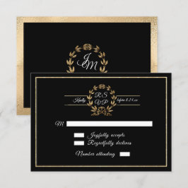 Elegant Black n Gold Wreath Script Calligraphy RSVP Karte