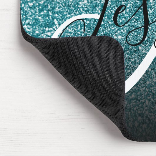 Elegant Black Ombre Aquamarin Glitzer Monogram Mousepad (Ecke)