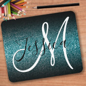 Elegant Black Ombre Aquamarin Glitzer Monogram Mousepad