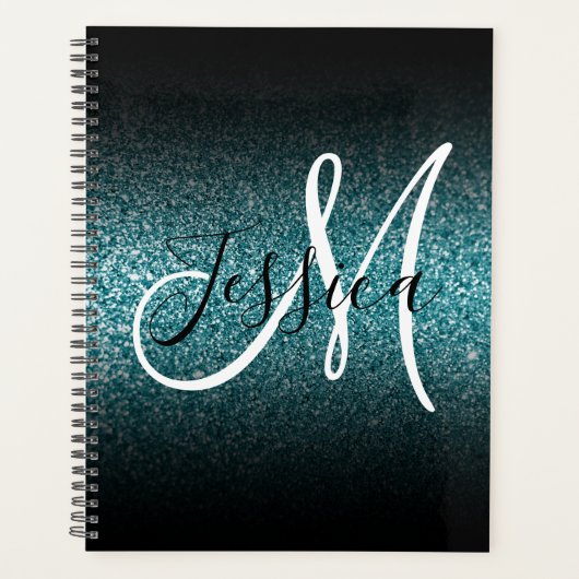 Elegant Black Ombre Aquamarin Glitzer Monogram Planer (Vorderseite)