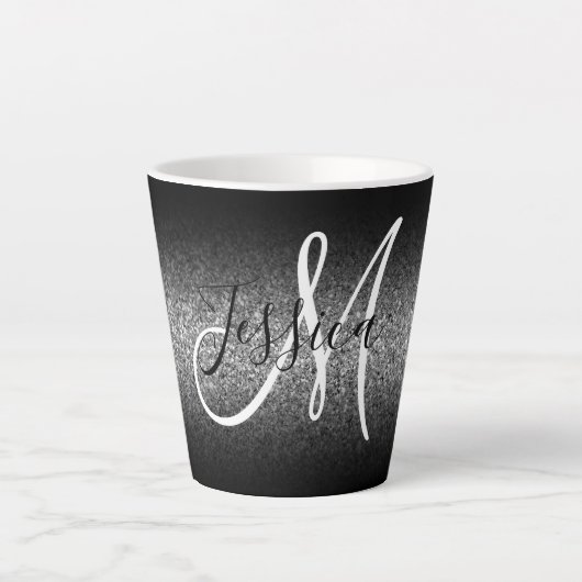 Elegant Black Ombre Silver Glitzer Monogram Milchtasse (Vorderseite)