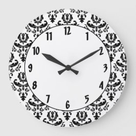 Elegant Black on White Damask Große Wanduhr
