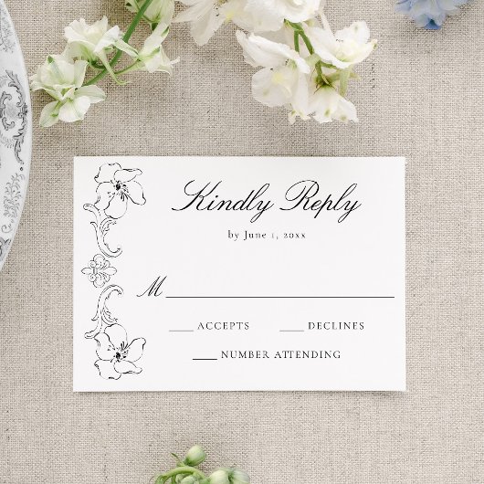 Elegant Black Ornate Floral Frame Wedding RSVP Karte