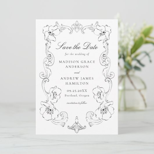 Elegant Black Ornate Floral Frame Wedding Save The Date (Stehend Vorderseite)