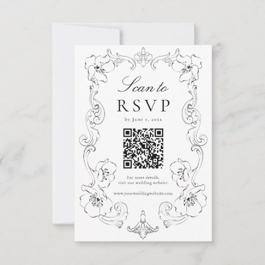 Elegant Black Ornate Floral QR Code Wedding RSVP Karte (Vorderseite)