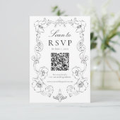 Elegant Black Ornate Floral QR Code Wedding RSVP Karte (Stehend Vorderseite)