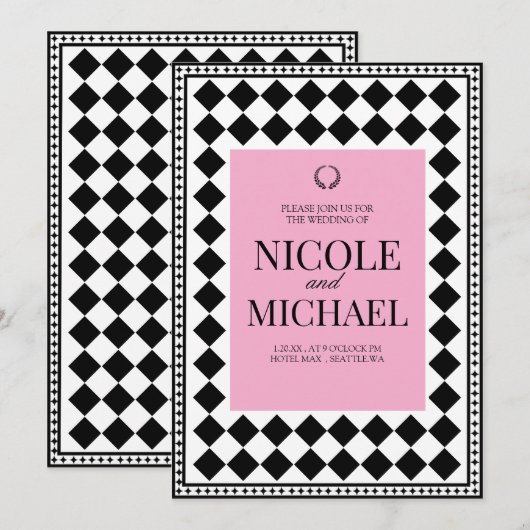 Elegant Black &Pink Diamond Pattern Wedding  Einladung (Vorne/Hinten)