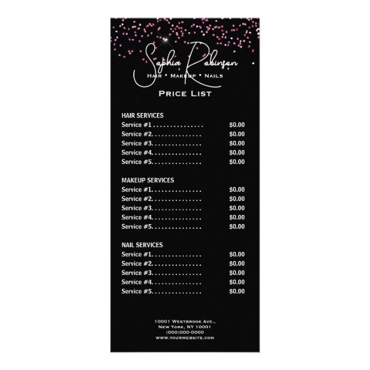 Elegant Black & Pink Glitter Price List Rack Card Werbekarte (Vorne)
