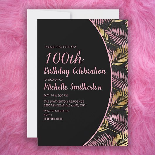 Elegant Black Pink Gold 100. Geburtstag Einladung