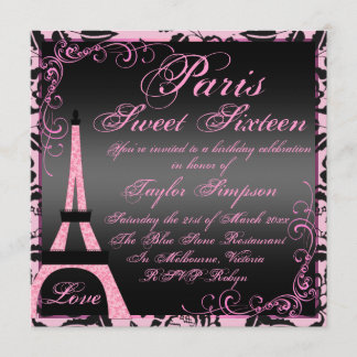 Elegant Black & Pink Paris Sweet16 Birthday Einlad Einladung