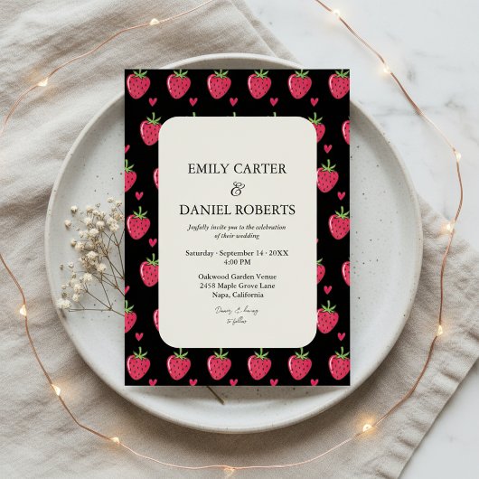 Elegant Black & Pink Strawberry Wedding Invitation Einladung