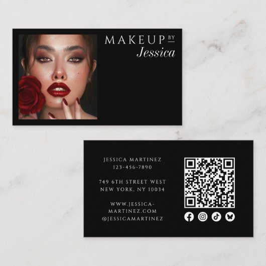 Elegant Black QR Code Social Icons Photo Makeup Visitenkarte (Vorne/Hinten)