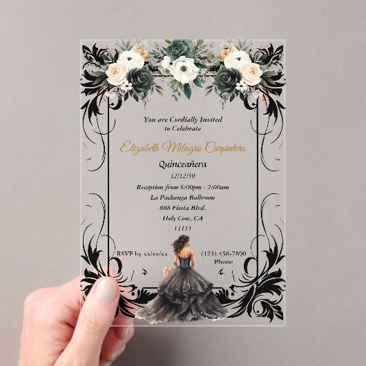 Elegant Black Quinceañera Floral Acryleinladungen (Insitu (Handheld))