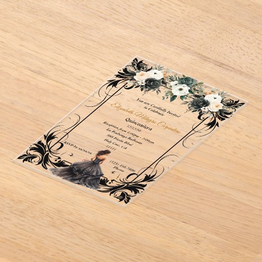 Elegant Black Quinceañera Floral Acryleinladungen (Ablage )