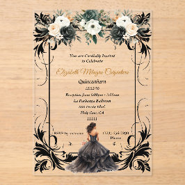 Elegant Black Quinceañera Floral Acryleinladungen