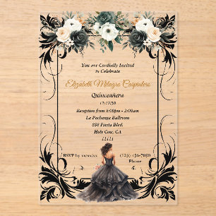 Elegant Black Quinceañera Floral Acryleinladungen