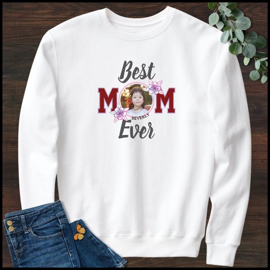 Elegant Black & Red Best Mom Ever 1 Photo Name Sweatshirt