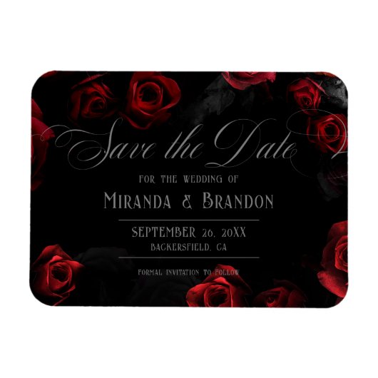 Elegant Black Red Floral Save the Date Magnet (Horizontal)