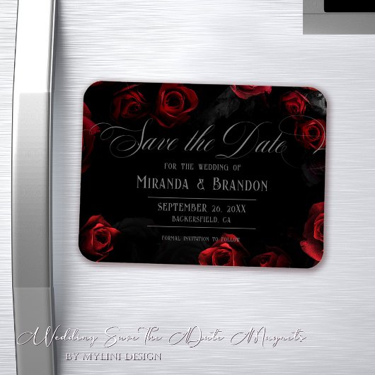 Elegant Black Red Floral Save the Date Magnet