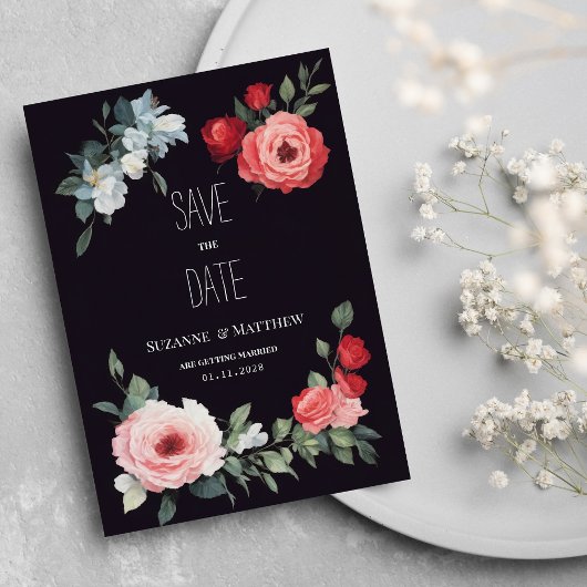 Elegant black red pink blue roses Save the Date Einladung