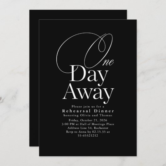Elegant Black Rehearsal Dinner One Day Away Einladung (Vorne/Hinten)